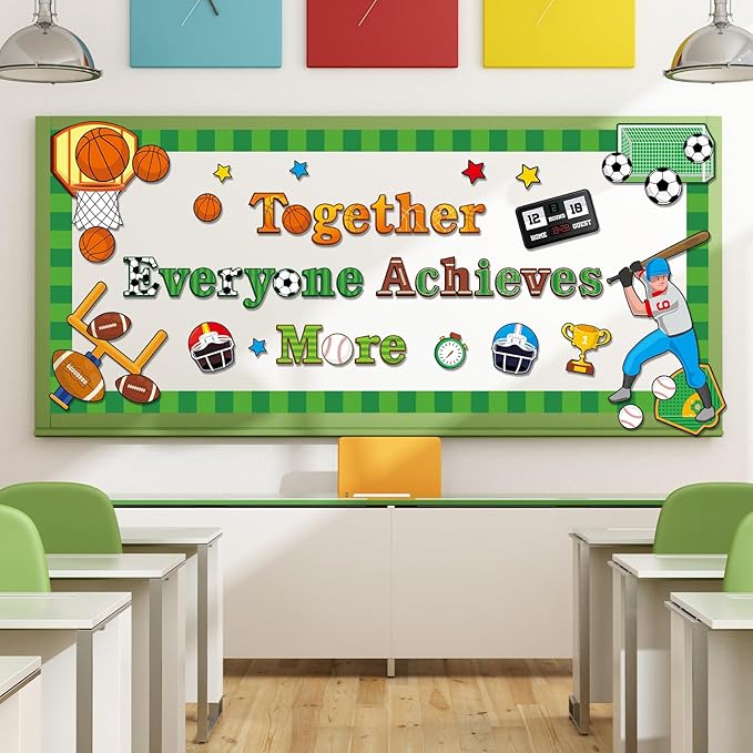 Sport Team Spirit Bulletin Board Decoration Set Football Basketball Bulletin Board Together Everyone Achieves More Paper Cutouts Motivational Wall Decor for School Classroom Back to School Decoration