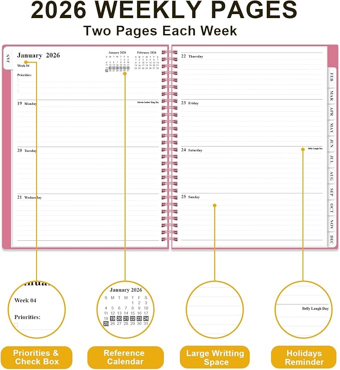 Planner 2026 - Weekly & Monthly Planner from January 2026 to December 2026, Agenda 2026 with Inner Pocket, Elastic Band, 8.5" x 11", Pink