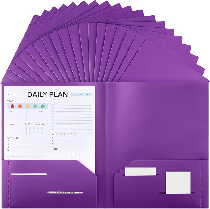 Fulmoon 48 Pack Plastic Folders with 2 Pockets Bulk 11 x 9 Inch Heavy Duty File Pocket Folders and 4 Card Slots Fit Letter Size Paper Cards for Back to School Office Home Supply(Purple)