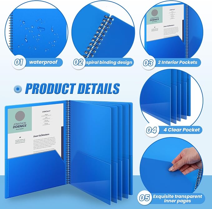 Seajan 8 Pcs 10 Pocket Folder Blue Sturdy Plastic Spiral Portfolio Multi Pocket Folder Organizer Document Folders Plastic Spiral Project Organizer for School Office