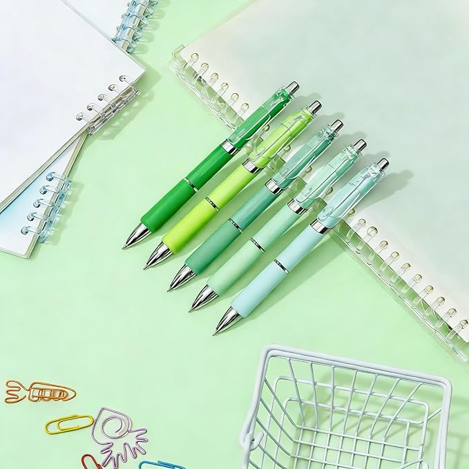 Temiary 5 Pcs Retractable Gel Pens, 0.5 mm Black Ink Fine Point Quick Dry Gel Ink Pen, Aesthetic Smooth Writing for School Office Journaling Note Taking and Sketching (Green)