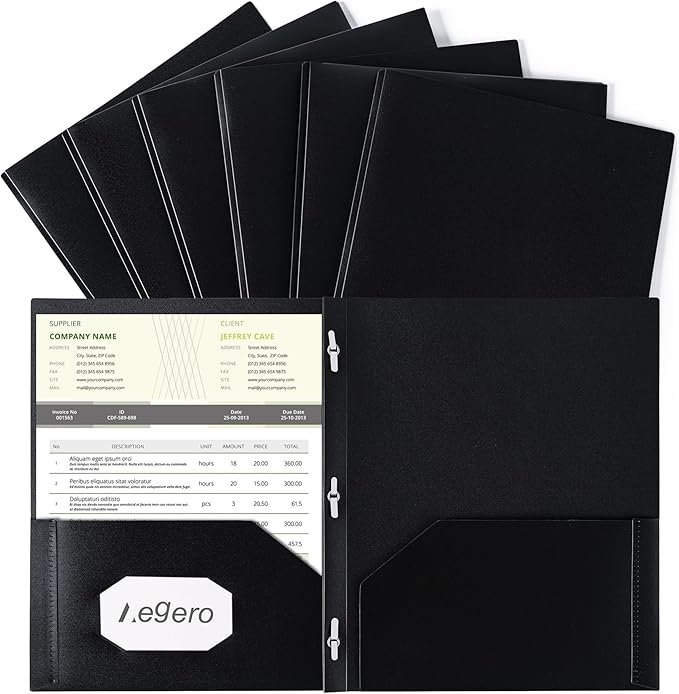 Aegero Folders with Pockets and Prong with Fasteners (6 Pack,Black),Durable Plastic Pocket Folders with Prongs,Tear Resistant,2 Pocket 3 Prong Folders for Schoolwork & Office,Letter Size