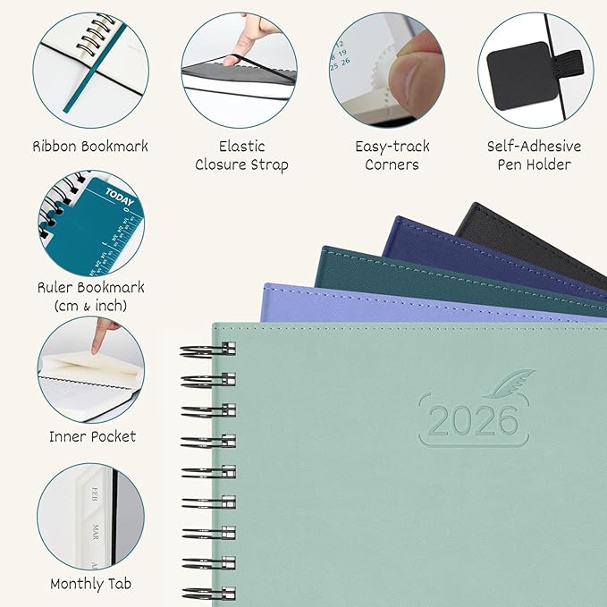 BEZEND Daily Appointment Book 2026 Page per Day Even Weekends (Large-8.25" x 11.75") 15-Minute Timeslots in 4 Columns, Monthly Planner with Tabs & Week Schedule, PU Leather Softcover in Mint Green