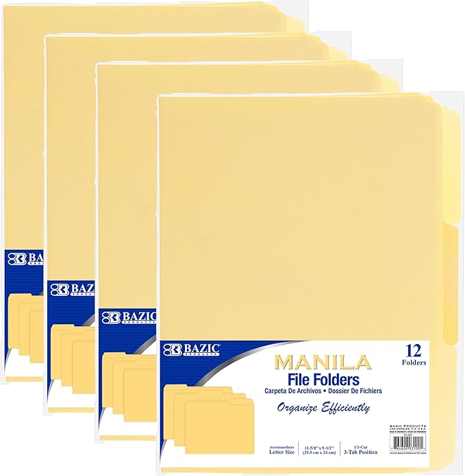 BAZIC Products Manila File Folders, 1/3-Cut Letter Size with Left, Right, and Center Tab Positions, Ideal for Organizing and Filing Documents, 12/Pack, 4-Pack