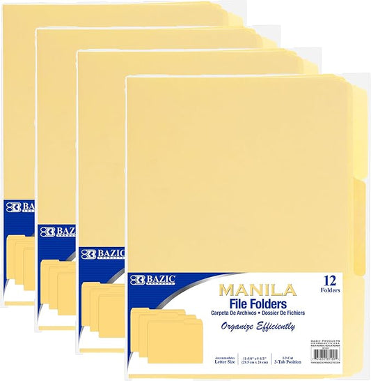 BAZIC Products Letter Size Manila File Folders, 1/3-Cut Tab, 12 Pack, for Office Filing, 4 Pack