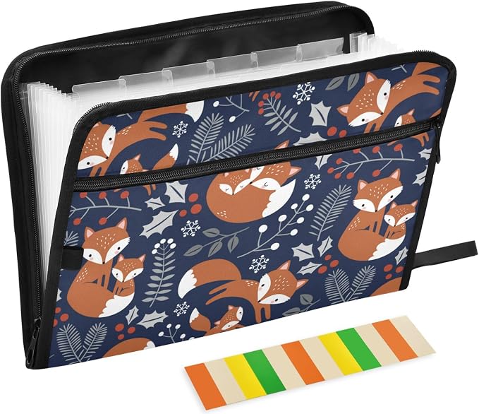 Cute Fox Family Tree Leaves 13 Pockets Expanding File Folder with Sticky Labels Accordion File Folder Document Organizer Letter Size A4 Papers Expandable File Keeper