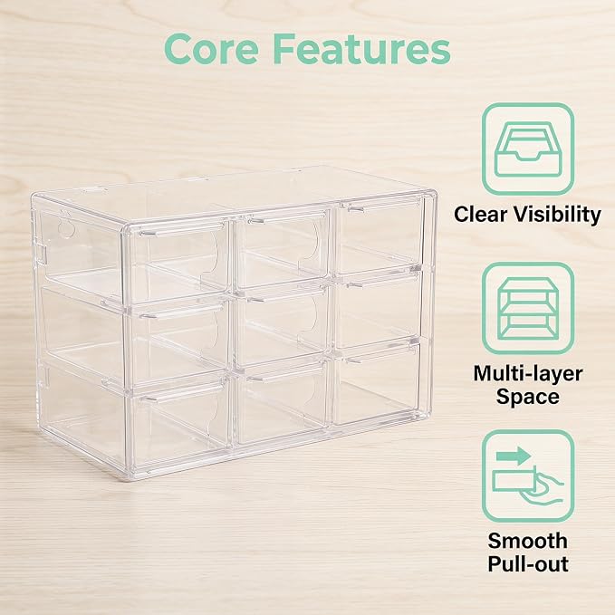 Acrylic Drawer Organizer, Clear Desk Organizer with Drawer, Plastic Stackable Storage Drawers with 9 Drawers, Dustproof Organizers for Jewelry, Craft, Office Supplies