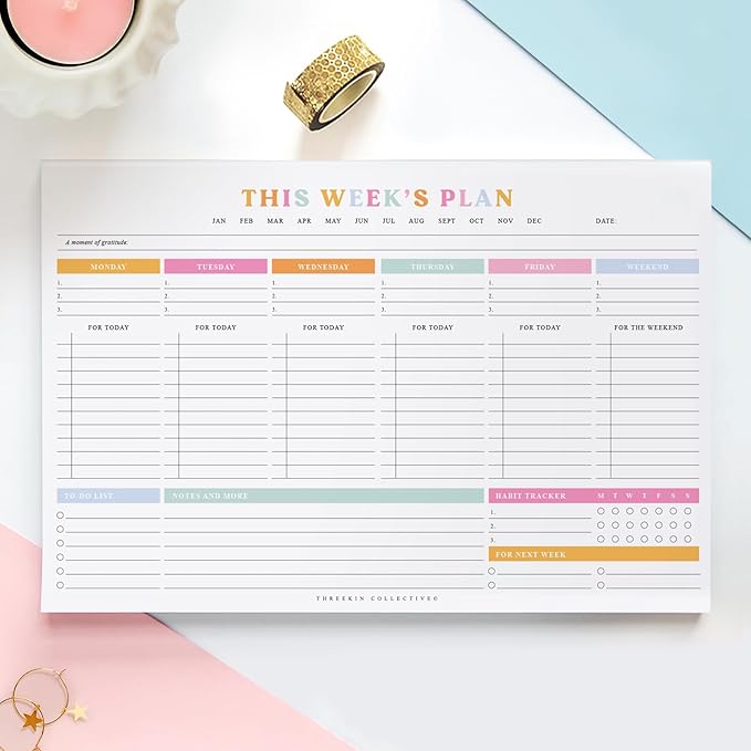 ThreeKin Weekly Planner - Premium 52-Sheet Tear-Off Notepad, 6 x 9 inches, Clean Colorful Design, Perfect for Work, School, Projects, and Entrepreneurs, Female & USA Owned Business