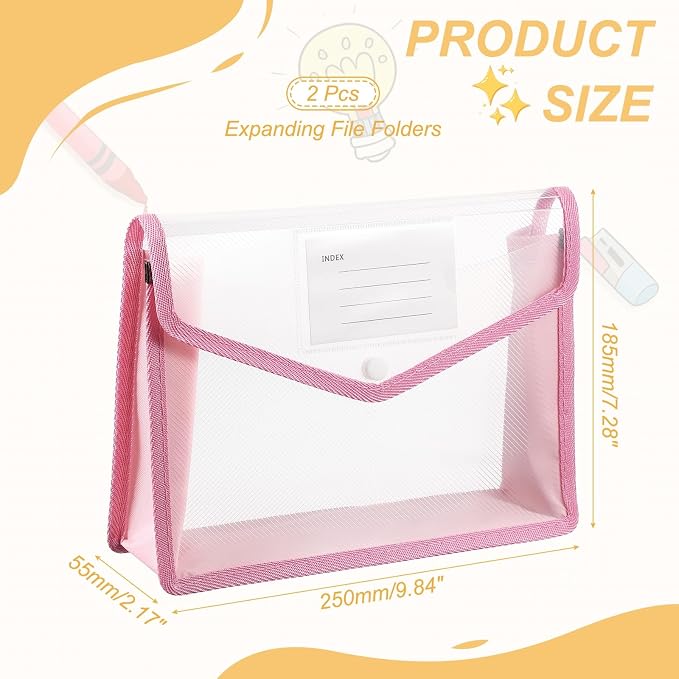 PATIKIL Plastic Expanding File Folders, 2 Pack B5 File Folder Envelopes Letter Size Document Organizer Supplies with Snap Closure for Classroom Office, Pink, Horizontal