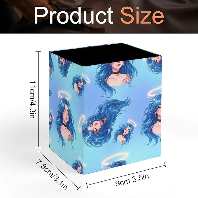 Pen Holder Square Leather Pencil, Holder Cup Makeup Brush Storage Organizer, Waterproof Multifunctional Office Supplies Women Goddess Blue Hair Cosmic Aura