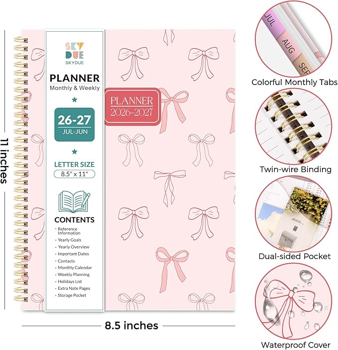 SKYDUE 2026-2027 Monthly and Weekly Academic Planner, July 2026-June 2027, 8.5"x11", Agenda Calendar with Colorful Tabs and Storage Pocket, Ideal for School Office Supplies
