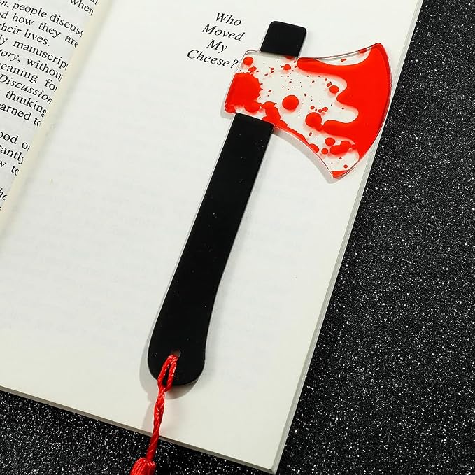 Horror Novelty Bookmark Set - Creepy Tool Shapes with Blood Stain Design, Gothic Book Accessories for Halloween Gifts, Macabre Metal Page Holders with Red Tassels (1pc Axes)