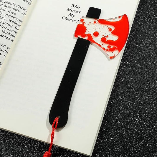 Horror Novelty Bookmark Set - Creepy Tool Shapes with Blood Stain Design, Gothic Book Accessories for Halloween Gifts, Macabre Metal Page Holders with Red Tassels (1pc Axes)