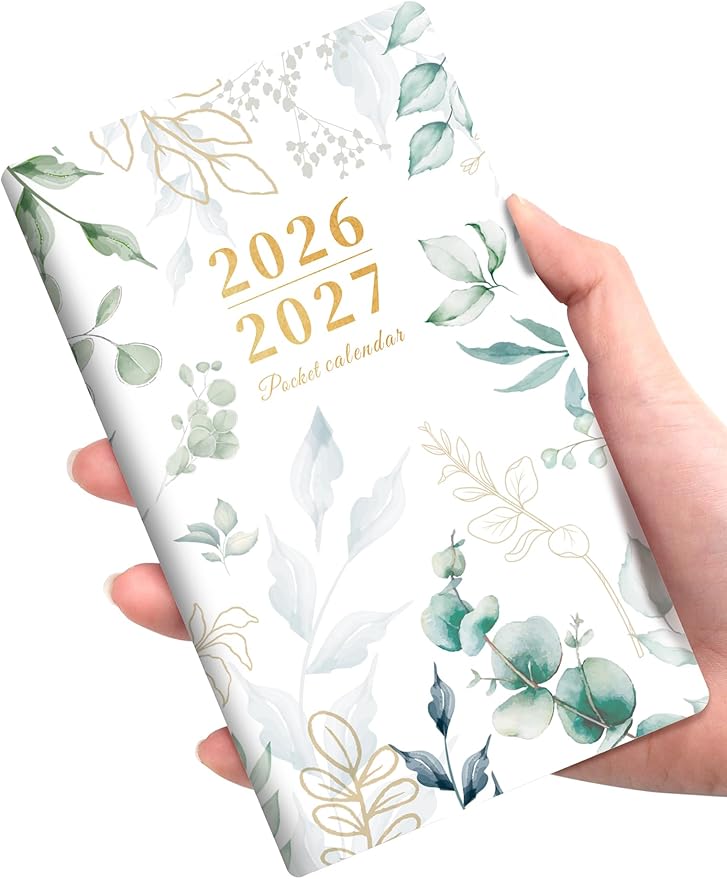 SUNEE Pocket Calendar 2026-2027 - Two Year Monthly Planner Small Calendar 3.5" x 6" Organizer for Daily & Yearly Schedule - Compact Agenda Notebook for School, Work, Women, Greenery