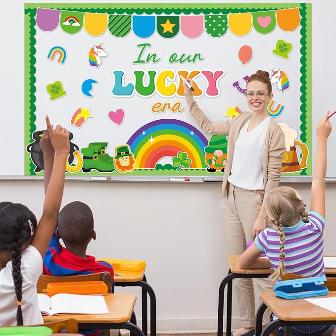 St. Patrick's Day Bulletin Board Decoration Lucky Shamrock Clover Gold Coin Rainbow Irish Clover Unicorn Cutouts March Classroom Bulletin Board Set for School Chalkboard Wall Door Decoration Favor