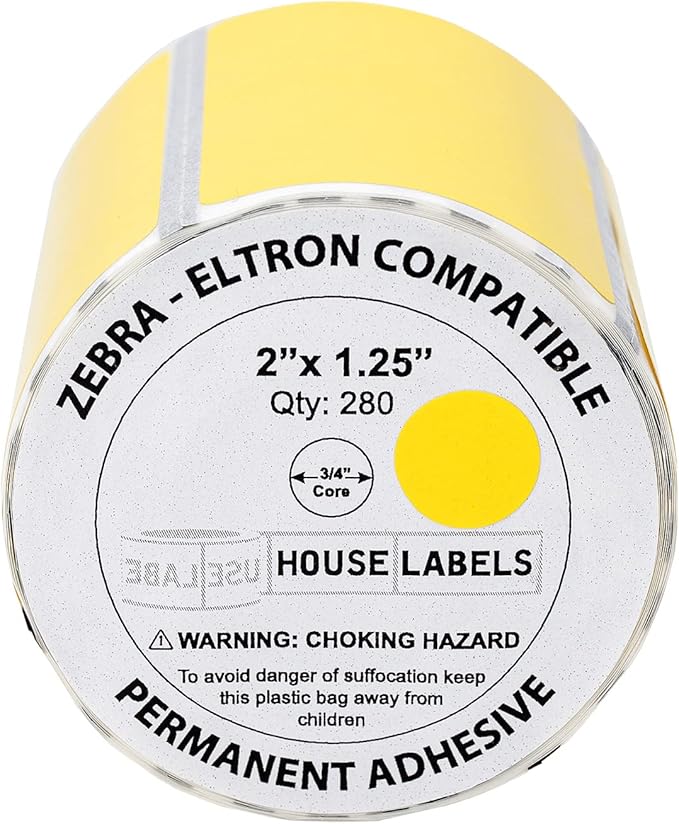 HOUSELABELS 2" x 1.25" Yellow Multipurpose Labels on 0.75" Core Compatible with Zebra and Rollo Printers, 6 Rolls / 280 Labels per Roll