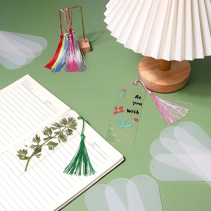 30 Pcs Acrylic Bookmark Blanks Bulk Clear Book Marks Kit with 30 Pcs Colorful Tassels Transparent Reading Book Page Mark Tags Set DIY Crafts Arts Projects Semicircle