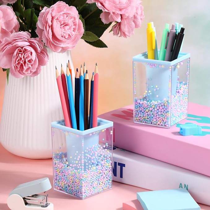 Zonon 2 Pieces Bubble Pen Holder for Desk Cute Makeup Brush Organizer & Pencil Holder with a Playful Sphere Design, Kawaii Desktop Accessories for Women, Office & School(Blue)