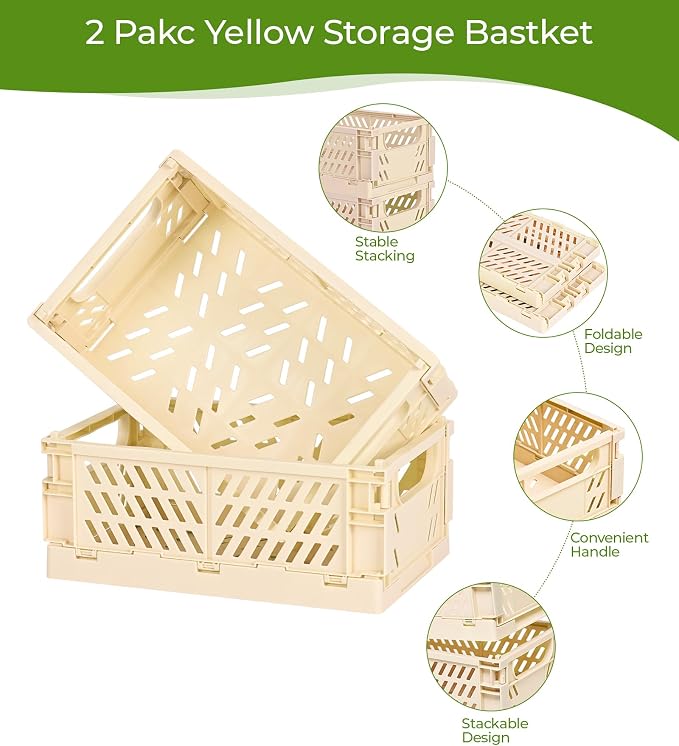 HUUSMOT 4-Pack Small Pastel Plastic Storage Baskets, Collapsible Crates for Organizing, Space-Saving Mini Bins for Classroom, Kitchen, Office, Bedroom (Yellow, 9.8" x 6.5" x 3.8")