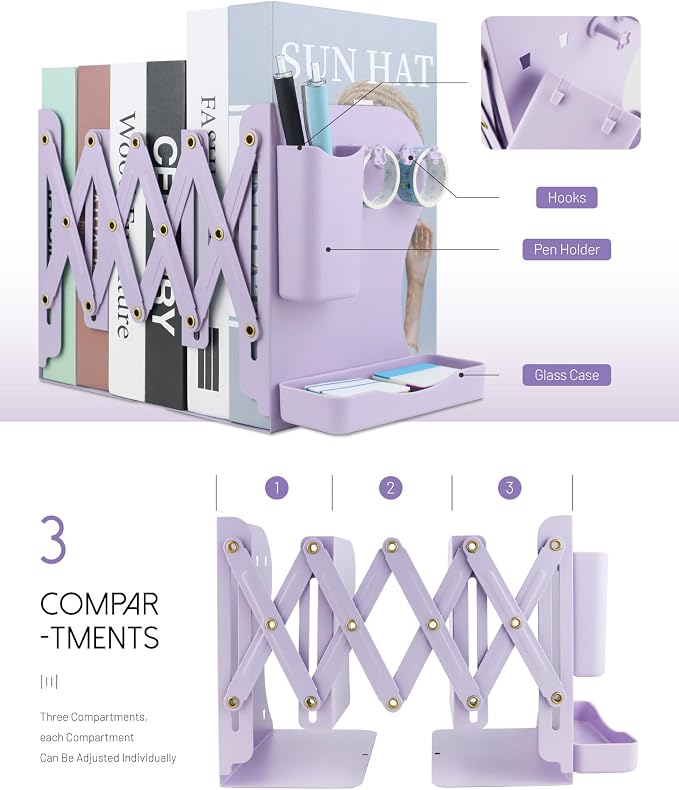 Heavy Duty Bookends Adjustable Book End, Desk Book Holder for Shelves, Book Organizer for Desk, Suitable for Office Home School (19.69 inches Max) (Purple)