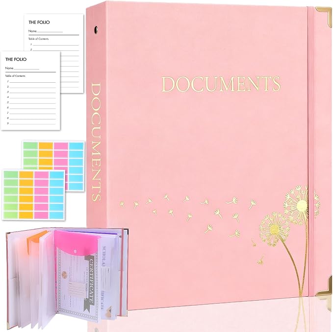XKDOUS Aesthetic Document Organizer 3 Ring Emergency Binder Linen Folio Folders with 9 Pockets Expanding File Storage Holder for Important Papers, Letters, Passports, Photos