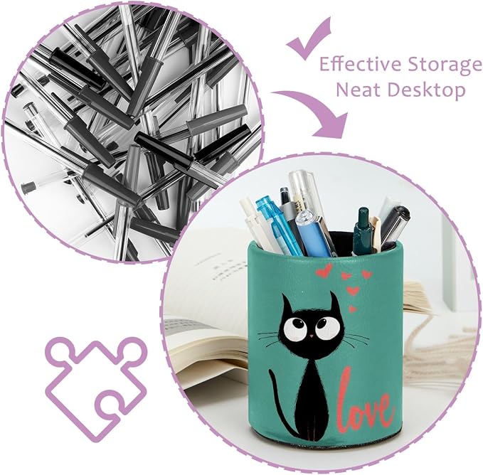 Cat and Love Pen Holder Pencil Organizer for Desk, 3.1” x 3.1” x 3.9” Pencil Cup Office Supplies, Large Capacity Cute Pen and Makeup Brush Holder for Home, School, Desktop