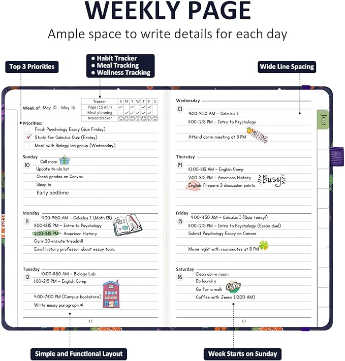 Comkiso Undated Weekly and Monthly Planner with Adhesive Tabs, A5 Dateless Academic Planner for Women & Men Daily Planning, Hardcover Leather All In One Planner for Home School Work Organizer (Birds)