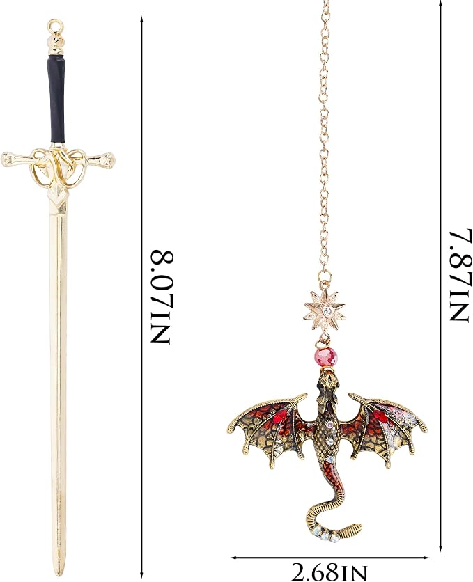 Sward Fourth Wing Bookmark - Fantasy Dragon Book Mark Vintage Tassel Metal Pendant Antique Gold Red Bookmarks Page Accessories Reading Lovers Club Gift Men Boys Students Bookish Readers