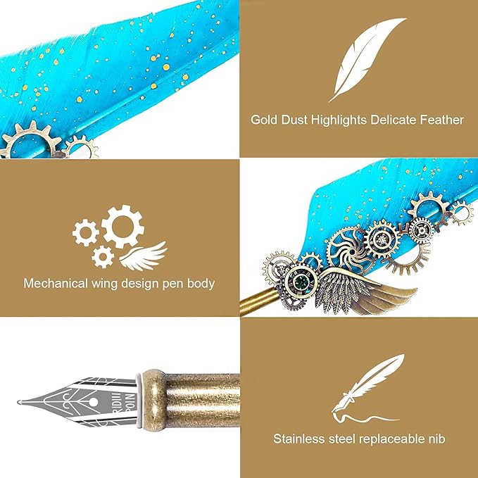 NC Quill Pen Ink Set Includes 5 Bottles of Ink and 6 Replaceable Stainless Steel Nibs, Feather Pen for Writing, Signing Invitations Etc. (Sky Blue)