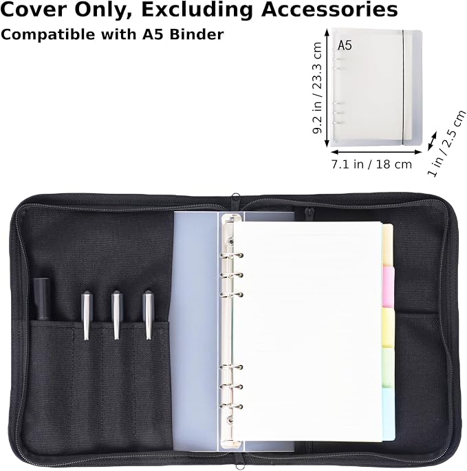 VEPKOIT A5 Binder Cover, Large A5 Notebook Holder and Travelers Notebook Cover with Pouch, Leather Book Cover for Police and Army, 7" x 9" OCP Book Cover with Zippered - Black (Cover Only)