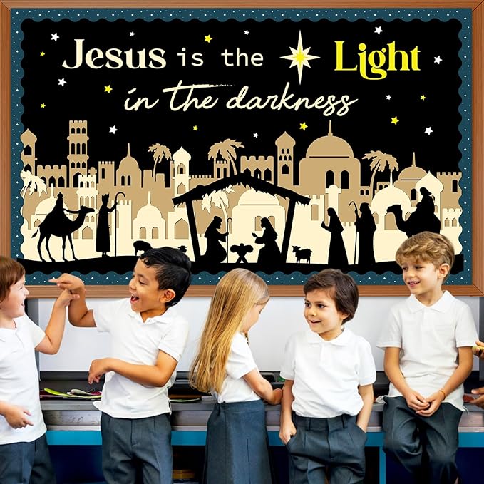 Christmas Religious Bulletin Board Jesus Lights Cutout Nativity Classroom Decoration Christian Bulletin Board for School Classroom Home Chalkboard Wall Door Décor Christmas Holiday Party Supplies
