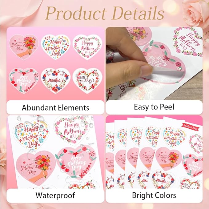 Mothers Day Stickers, 120PCS Happy Mothers Day Stickers, 2" Heart Shaped Mom Sticker Decal, Mom Gifts, 20 Sheet Self-Adhesive Mothers Day Crafted Mother's Day Labels Sticker for Envelope Seal Card Box