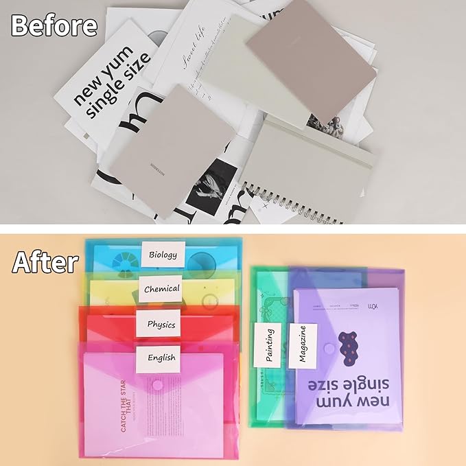 EOOUT 12pcs Plastic Envelopes Poly Envelopes, Hook & Loop Closure File Folders, A4 Size File Envelopes with Label Pocket for School and Office Supplies