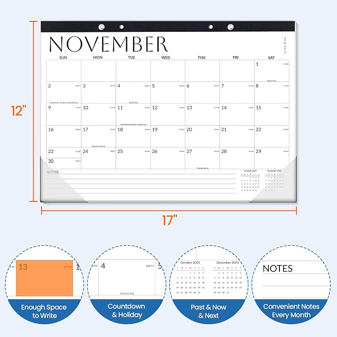 SUNEE 2026 Desk Calendar - 18 Month Calendar Oct 2025 - Mar 2027, 17" x 12" Desktop Calendar 2026 with Notes, for Planning, Organizing in Family, School or Office, White 2026 Calendar