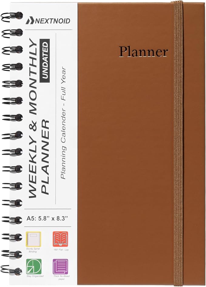 Undated Monthly and Weekly Planner - 12 Month Calendar Planner Notebook with Week Days - Hardcover Undated Planners Blank Agenda Book - A5 Brown