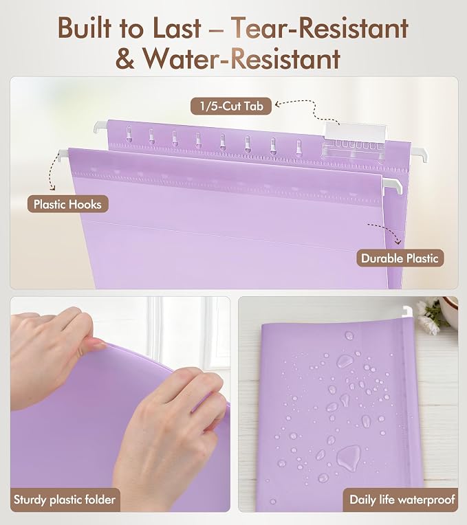 Plastic Hanging File Folders Letter Size, Colored Hanging File Folders with Tabs, Durable Waterproof Plastic Hanging Folders for Filing Cabinets, Office, School & Home Organization (15, Purple)