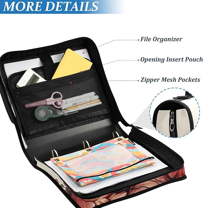 ALAZA Heart Flower Gothic 3 Ring School Zipper Binder Bag Expanding File Folder Case Briefcase with Shoulder Strap