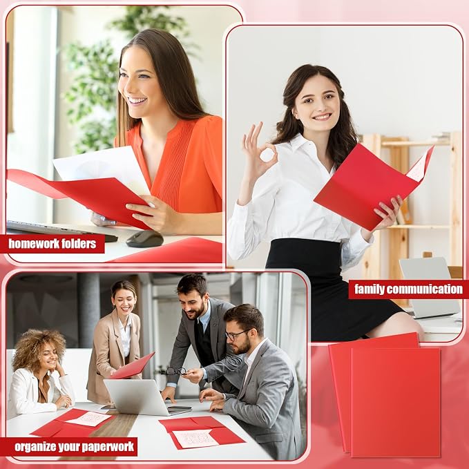 Gueevin 100 Pack Plastic Folder with Pockets, 2 Pocket Folders, Plastic Glossy Folders Fit Letter Size Paper, Heavy Duty Durable File Folder with Business Card for Home Office School (Red)