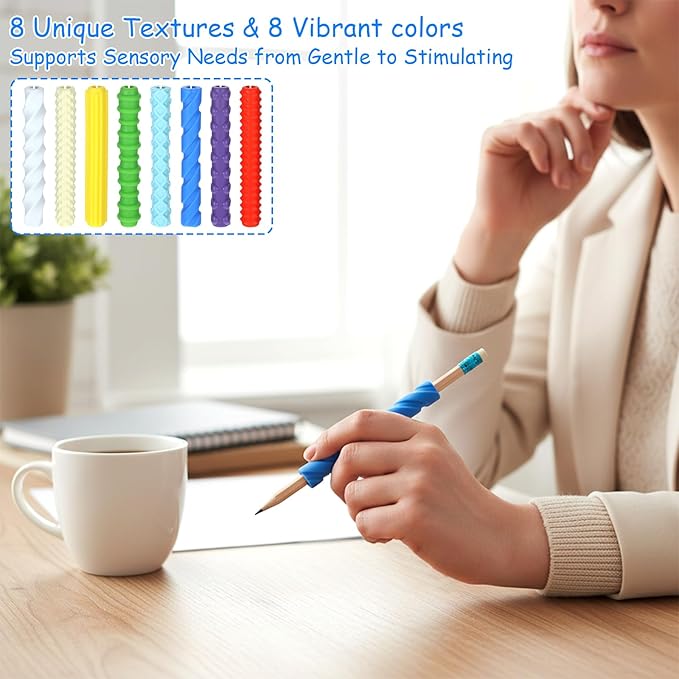 8 Pack Textured Pen Grips, Sensory Fidget Sleeves Quiet Fidget Toys for Adults, Anxiety Relief Item Textured Silicone ADHD Autism Calming Tool for Handwriting