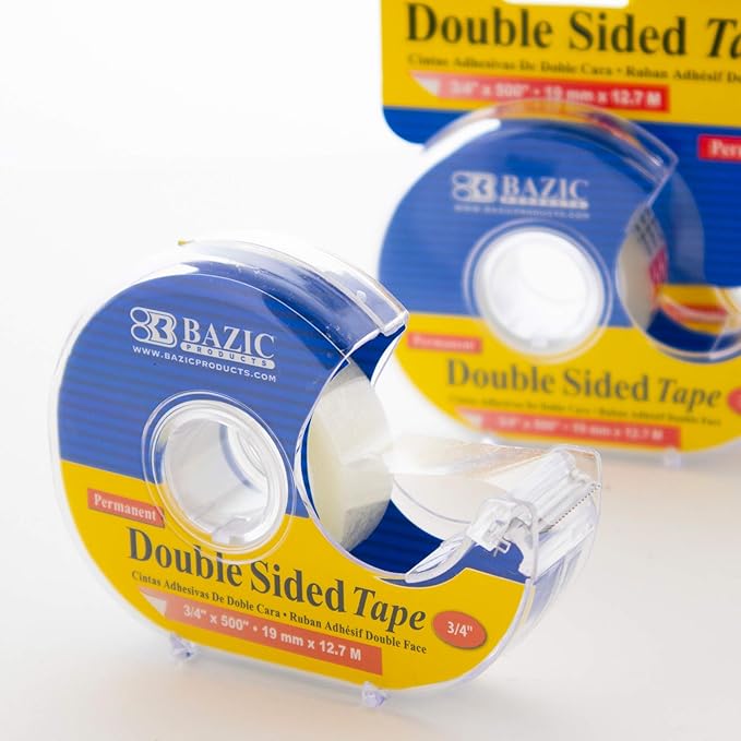 BAZIC PRODUCTS Double Sided Tape w/Dispenser 3/4" x500', Clear Sticky Mounting Adhesive, Permanent Double-Sided Tape for Arts & Crafts, 2-Pack