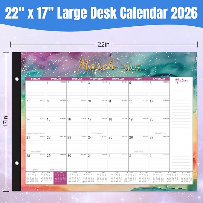 Gannyfer Desk Calendar 2026-2027, 18 Month Large Desk Calendar, Use Now Through Mar 2027, 22" x 17", Thick Paper, Corner Protectors, Large Ruled Blocks with Notes Section, Colorful Watercolor, 6 Stickers Included