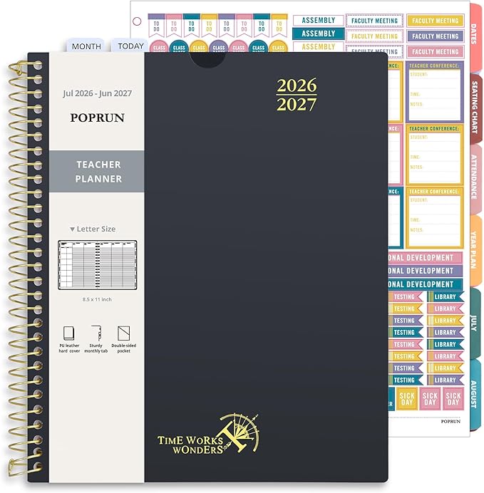 POPRUN Teacher Planner 2026-2027, 8.5" x 11", Academic Lesson Plan Book for Teachers (July 26-June 27) Weekly and Monthly with Gradebook, 2-Sided Pocket, Flexible PP Cover for Classroom, Black