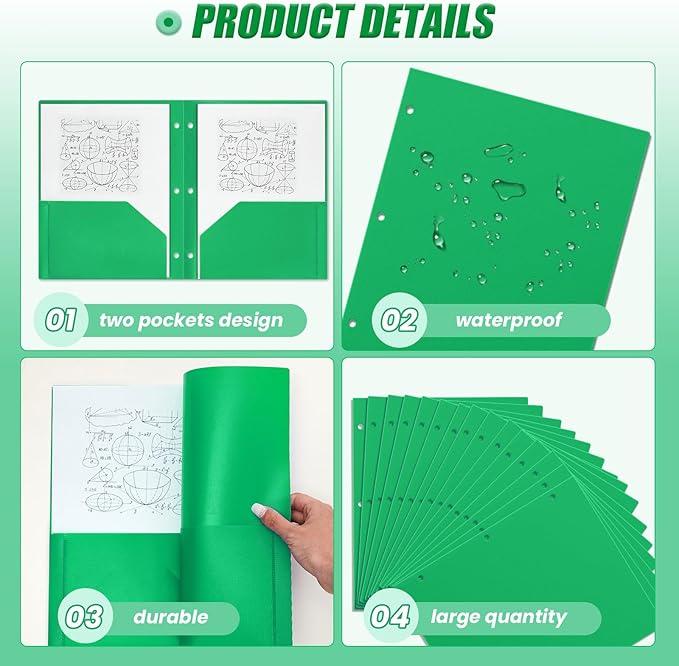 Yeaqee 72 Pcs Plastic Folders with Pockets Bulk 3 Hole Punched 2 Pocket File Folders for 3 Ring Binder Divider Folder for Notebooks, Durable Poly for Office Home (Green)