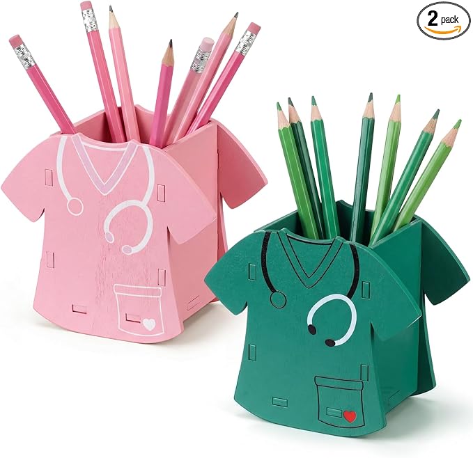 Sherr 2 Pcs Wood Pencil Holder Pencils and Sharpener Shaped Sharp and Dull Pen Holder Back to School Wooden Dispenser Storage Organizer for Classroom(Nurse Scrub,Pink and Green)