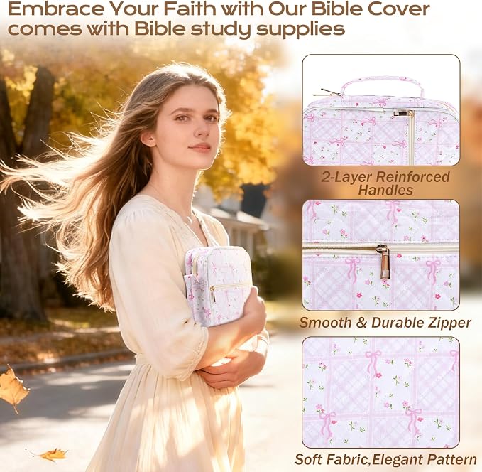 XKDOUS Bible Cover for Women Carrying Book Case with Zipper Pocket and Handle, Tabs, Study Supplies Organizer Quilted Bible Bags Floral Pattern Large Book Carrier