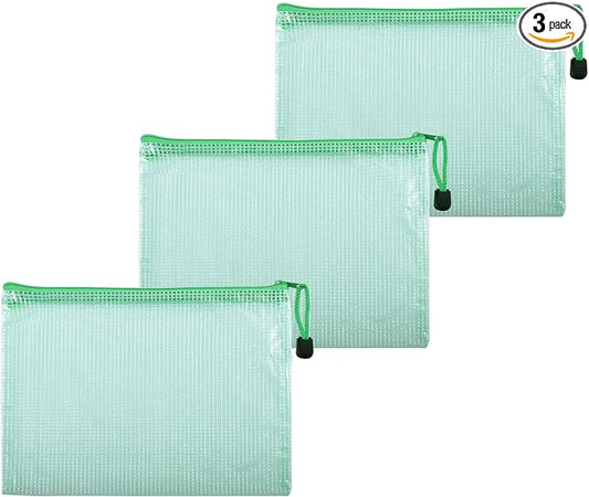3 Pcs 5.31" x 7.68" B6 Sizes Mesh Zipper Pouch Bags, Mesh Bags with Zipper，Waterproof Clear document pouch for Organization Puzzles Travel, Office, Classroom Organization, B6 Green