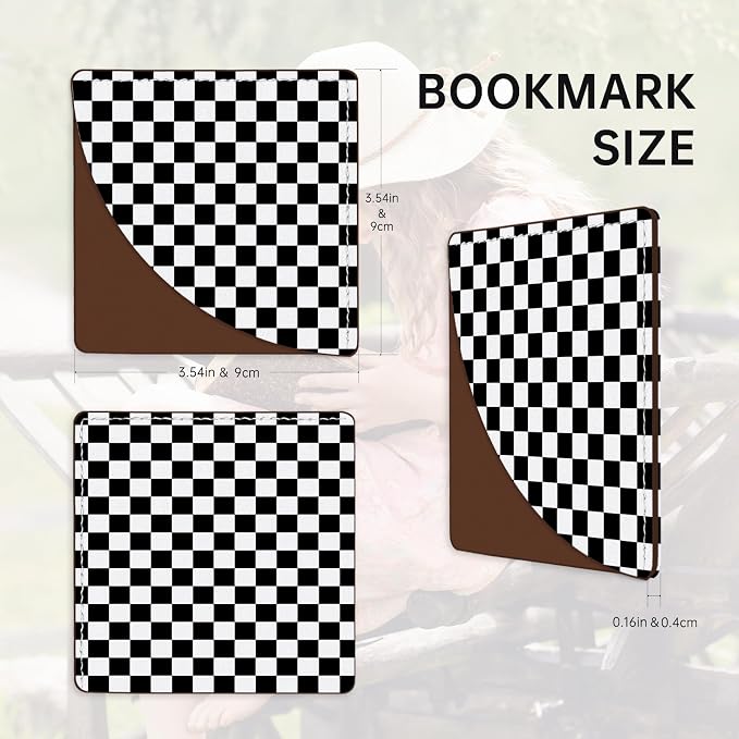 2 Pack Black and White Checkered&Cow Leather Book Corner Bookmark, Durable Handmade Reading Accessories - Gifts for Readers, Women, Men, Teachers, Students