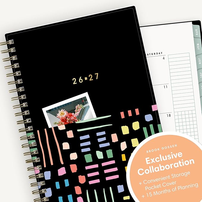 Blue Sky Brook Gossen 15 Month 2026-2027 Weekly and Monthly Academic Year Planner Calendar, April 2026 - June 2027, 5" x 8", Flexible Cover With Zip Pouch, Wirebound, Laminated Tabs, Storage Pocket, Rainbow City