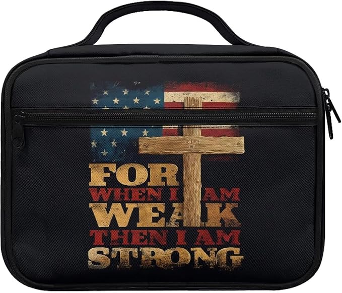 Bible Covers for Women Men Zippered Bible Carrier Book Bag, for When I AM WEAK Then I AM Strong, Church Bag Bible Protective with Handle Christian Gifts, Cross American Flag Print