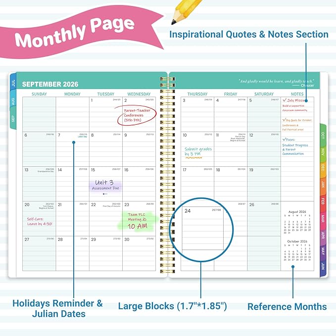Teacher Planner 2026-2027 - Teacher Lesson Planner 2026-2027, 11" x 8.5", JULY 2026 - JUNE 2027, Teacher Planner Academic Year, Colorful Pages, Holidays, Colorful Monthly Tabs, Inner Pocket